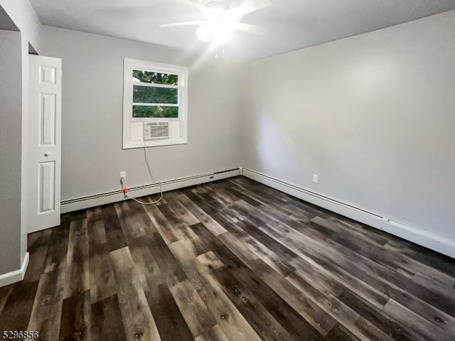 empty room featuring ceiling fan, a baseboard radiator, and dark hardwood / wood-style flooring