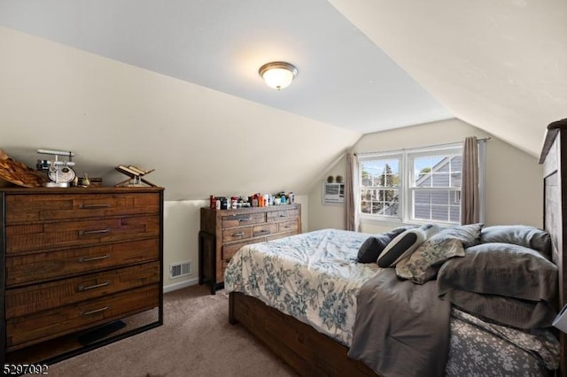 bedroom with light carpet and lofted ceiling