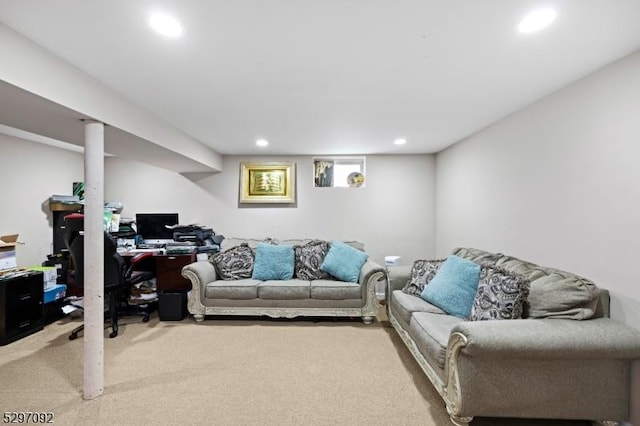living room with carpet flooring, recessed lighting, and an office area