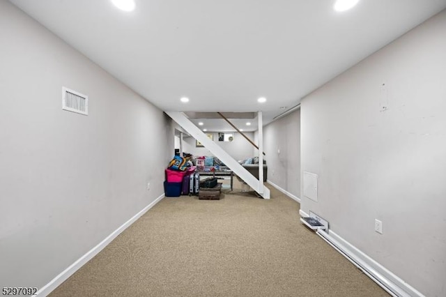 exercise area with recessed lighting, baseboards, and carpet floors