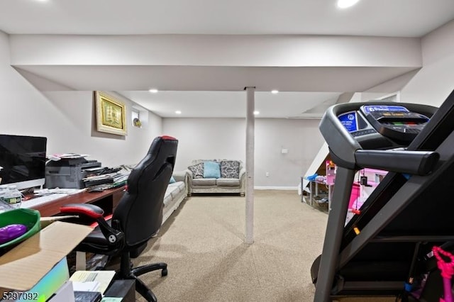 carpeted home office featuring recessed lighting