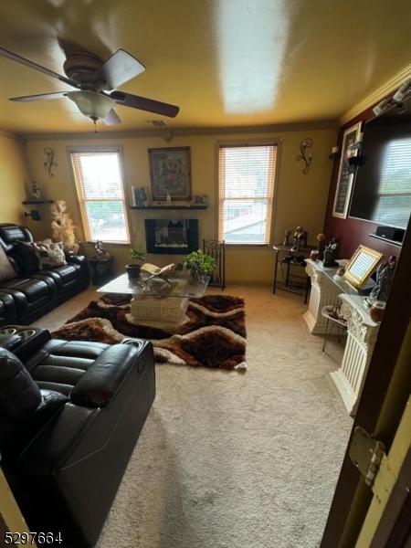 carpeted living room featuring ceiling fan and ornamental molding