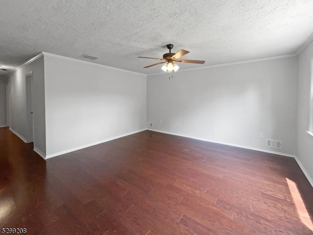 unfurnished room featuring ornamental molding, a textured ceiling, ceiling fan, and dark wood-type flooring