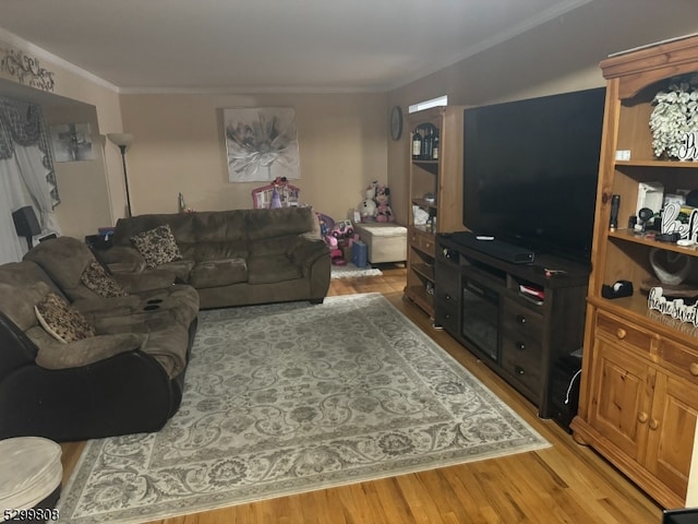 living room with crown molding and hardwood / wood-style floors