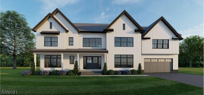 modern inspired farmhouse featuring driveway, a front lawn, and an attached garage