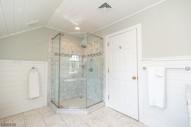 bathroom featuring wood ceiling, a shower with door, and tile patterned flooring