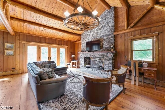 living room featuring wooden ceiling, wood-type flooring, a fireplace, and wooden walls