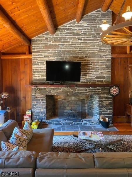 living room featuring a fireplace, wooden walls, and a wealth of natural light