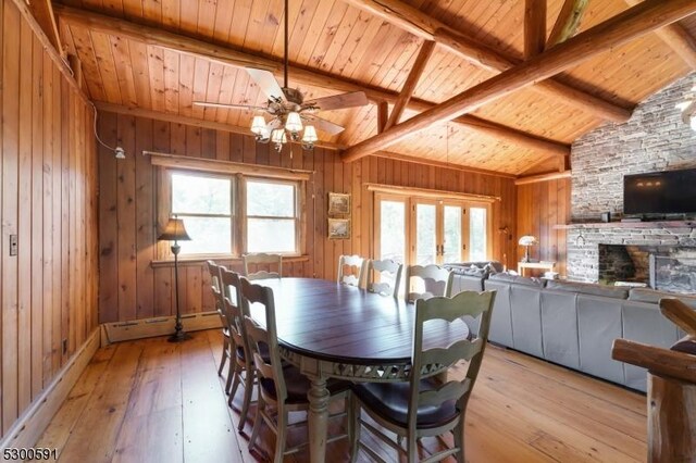 dining space featuring hardwood / wood-style flooring, a baseboard heating unit, and wooden walls