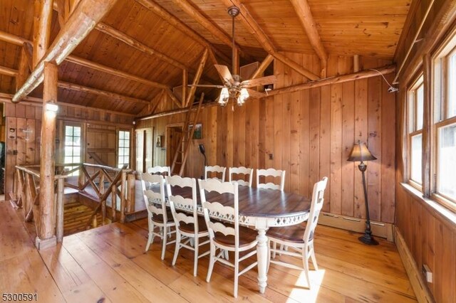 dining space with light hardwood / wood-style floors, wooden ceiling, lofted ceiling with beams, and wood walls