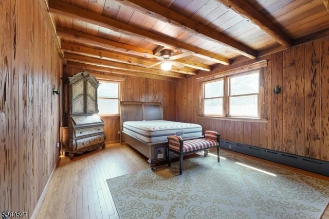 bedroom featuring wood-type flooring, wood walls, and wooden ceiling