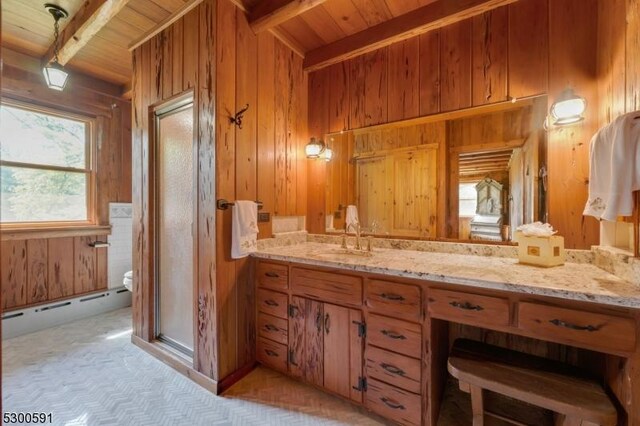 bathroom with wood ceiling, vanity, wood walls, and toilet