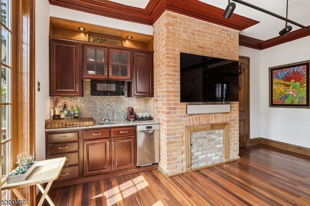 bar with rail lighting, dishwasher, light stone countertops, brick wall, and hardwood / wood-style floors