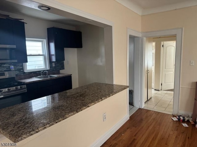 70 Campfield St, Irvington Twp, NJ 07111 - kitchen featuring light wood-type flooring, stainless steel appliances, dark stone countertops, decorative backsplash, and a sink