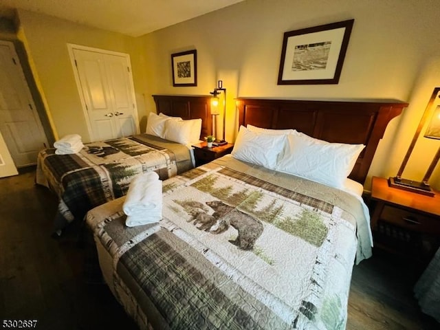 bedroom with a closet and dark hardwood / wood-style flooring