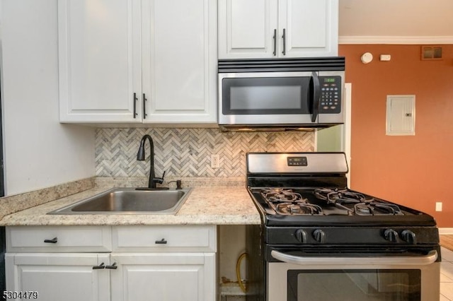 kitchen with appliances with stainless steel finishes, crown molding, sink, electric panel, and white cabinetry