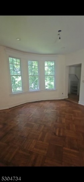 unfurnished living room featuring a wealth of natural light and dark parquet floors