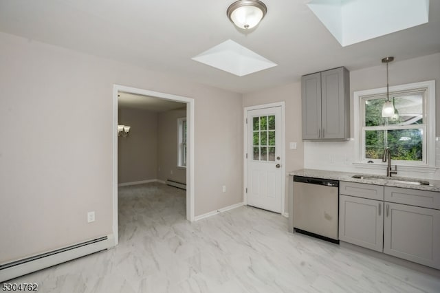 kitchen featuring a healthy amount of sunlight, sink, dishwasher, and a skylight