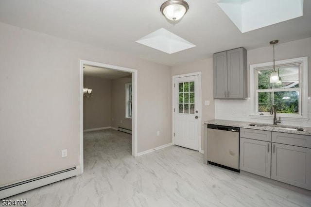 kitchen with a skylight, marble finish floor, a baseboard heating unit, a sink, and dishwasher