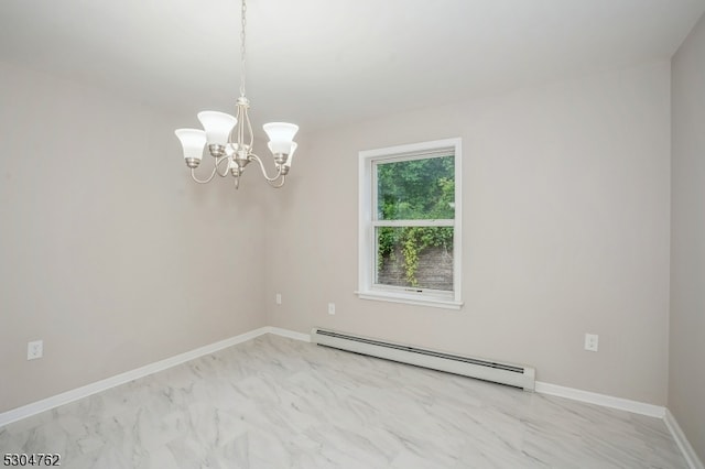 spare room featuring a baseboard radiator, tile patterned flooring, and a chandelier