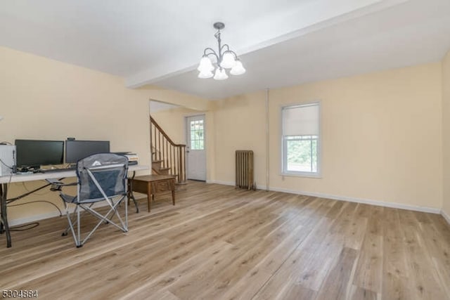 office space featuring beam ceiling, radiator heating unit, light hardwood / wood-style flooring, and an inviting chandelier