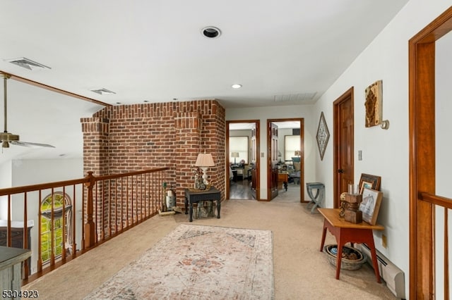 living area with ceiling fan, light carpet, and vaulted ceiling