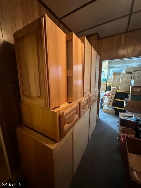 interior space with wood walls and carpet flooring