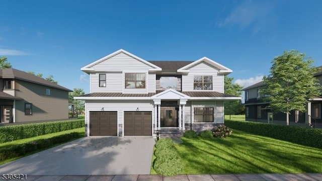 view of front of house featuring a garage and a front lawn