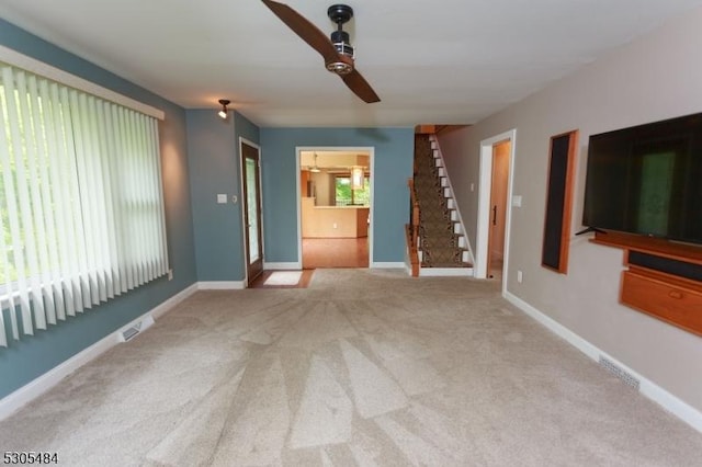 47 Sarepta Rd, White Twp, NJ 07823 - unfurnished living room with a ceiling fan, stairway, carpet, and baseboards