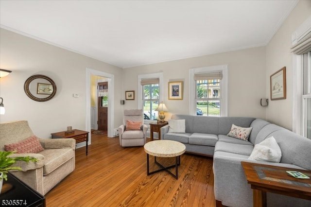 living room featuring light hardwood / wood-style flooring and ornamental molding