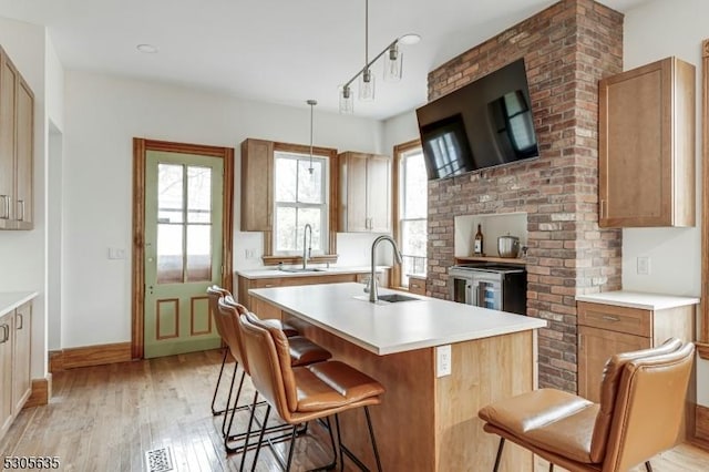 kitchen with pendant lighting, light wood-type flooring, a kitchen island with sink, and sink