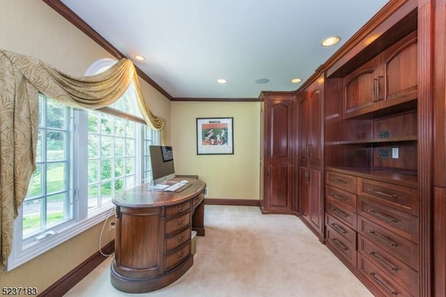 carpeted office with ornamental molding