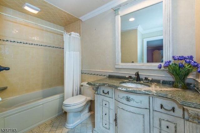 full bathroom with crown molding, tile walls, vanity, tile patterned floors, and shower / bath combo with shower curtain