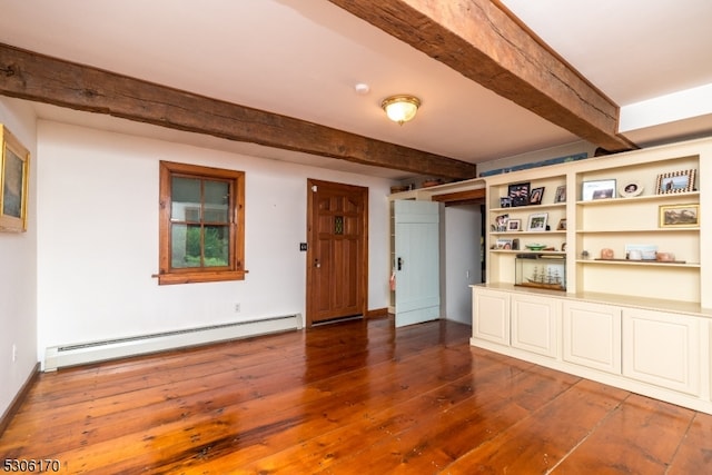 unfurnished living room with beam ceiling, a baseboard heating unit, and wood-type flooring