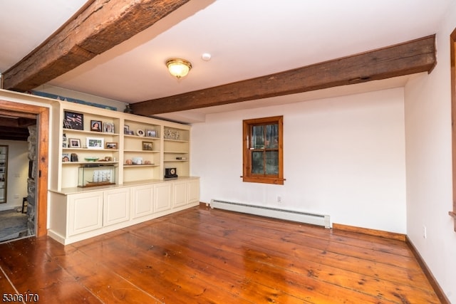 unfurnished living room with a baseboard radiator, beamed ceiling, and wood-type flooring