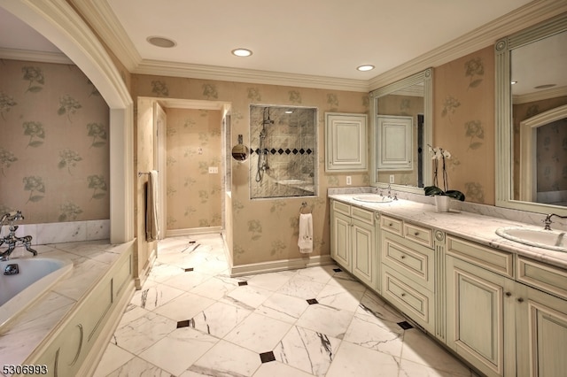 bathroom with vanity, plus walk in shower, and ornamental molding