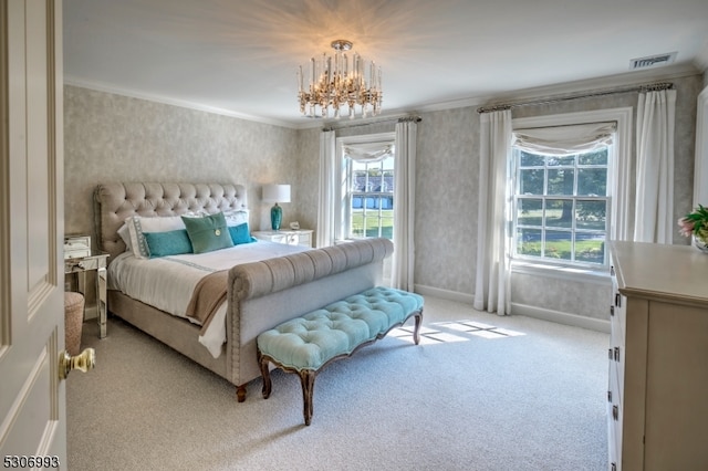 carpeted bedroom with multiple windows, ornamental molding, and a chandelier