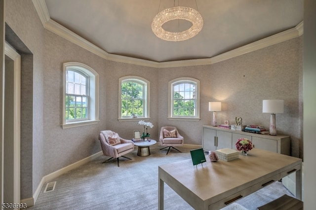 carpeted home office featuring a notable chandelier, a wealth of natural light, and crown molding