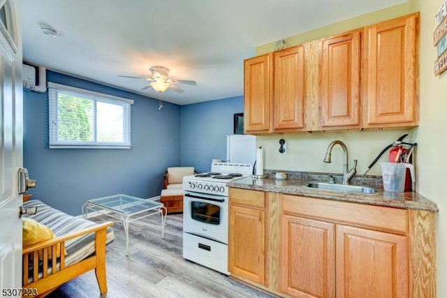 kitchen with a sink, white range with gas cooktop, light wood finished floors, and light brown cabinetry