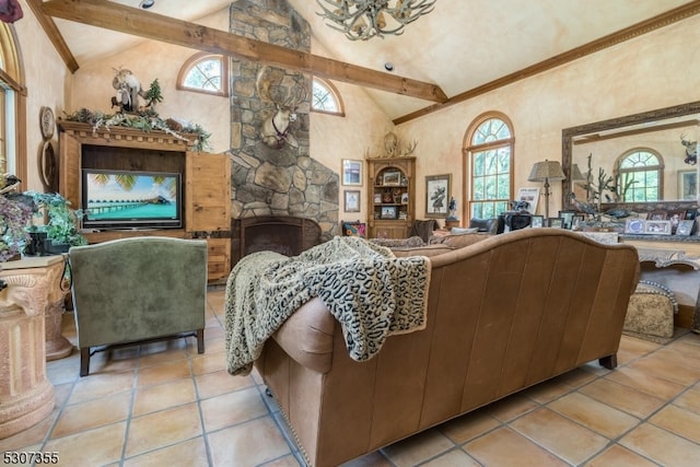 tiled living room featuring a stone fireplace, beam ceiling, and high vaulted ceiling