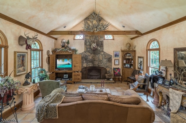 living room featuring light tile patterned floors, a stone fireplace, lofted ceiling, and an inviting chandelier