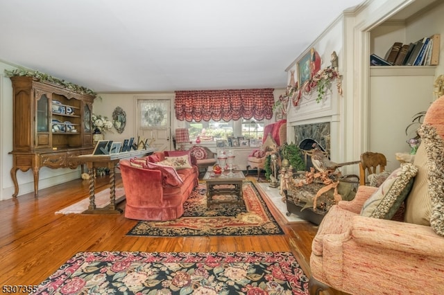 living room with a fireplace and wood-type flooring