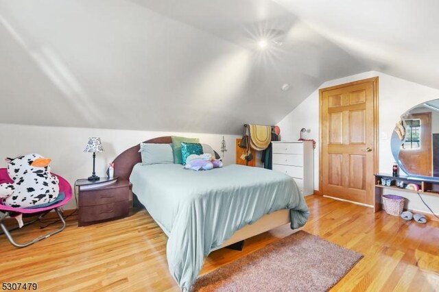 bedroom with light hardwood / wood-style flooring and lofted ceiling