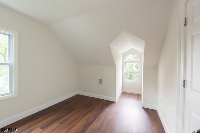 additional living space with dark wood-type flooring, vaulted ceiling, and plenty of natural light