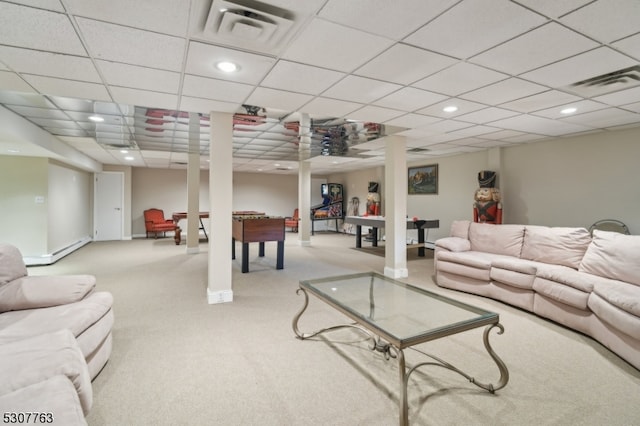 living room with light colored carpet and a paneled ceiling