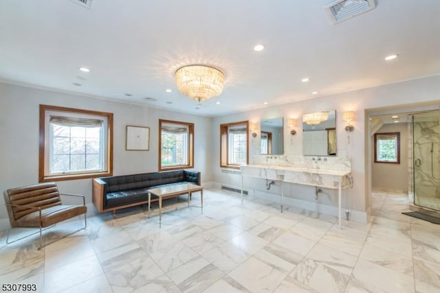 full bath featuring plenty of natural light, visible vents, and recessed lighting