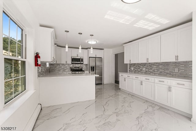 kitchen featuring appliances with stainless steel finishes, backsplash, white cabinetry, and light tile patterned flooring