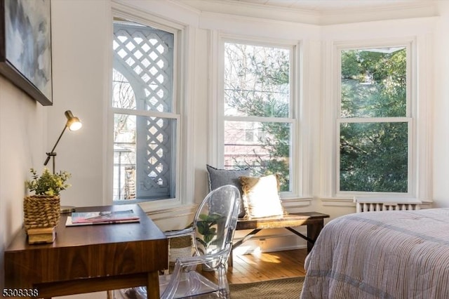 bedroom featuring hardwood / wood-style flooring and ornamental molding