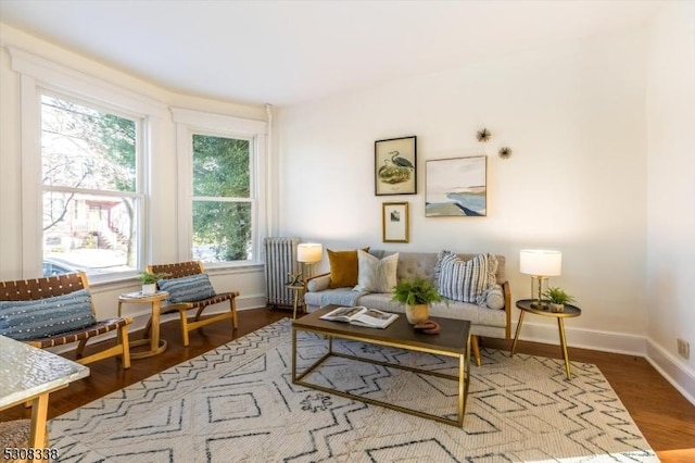 sitting room with dark wood-type flooring and radiator heating unit