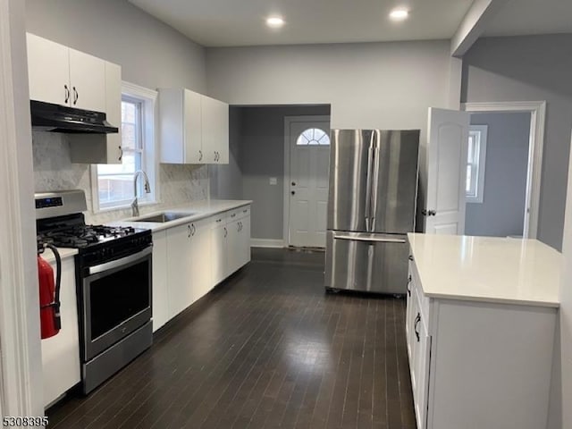 kitchen with under cabinet range hood, stainless steel appliances, a sink, dark wood-style floors, and tasteful backsplash